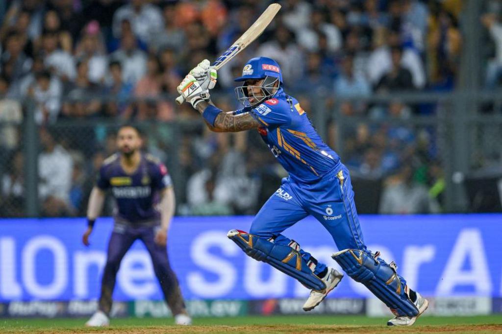 Mumbai Indians' Suryakumar Yadav plays a shot during the Indian Premier League (IPL) Twenty20 cricket match between Mumbai Indians and Kolkata Knight Riders at the Wankhede Stadium in Mumbai on May 3, 2024