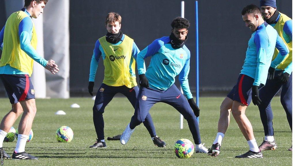 Barcelona youngster Lamine Yamal pictured during training