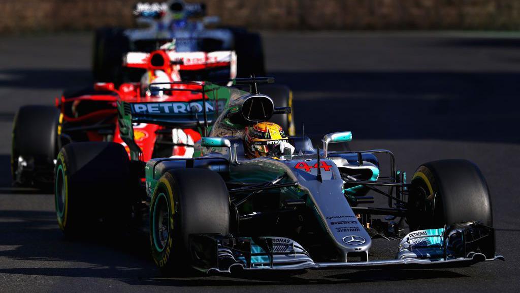 Lewis Hamilton ahead of Sebastian Vettel in the 2017 Azerbaijan Grand Prix.