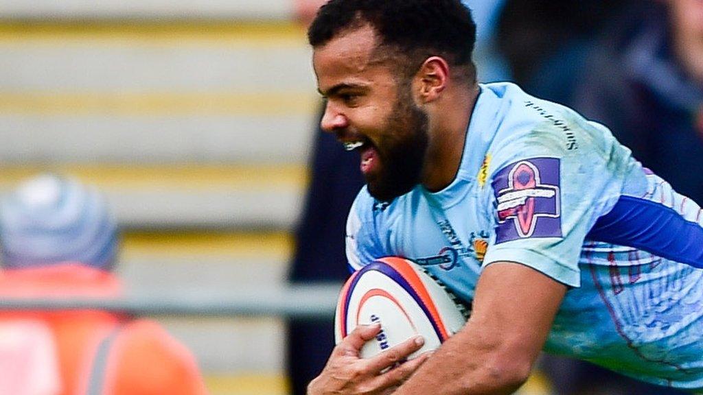 Tom O'Flaherty of Exeter Chiefs scores his sides third try of the game