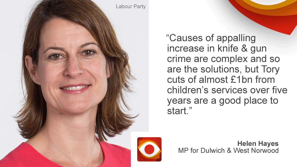 "Cause of appalling increases in knife & gun crime and complex and so are the solutions, but Tory cuts of almost £1bn from children's services over five years are a good place to start."