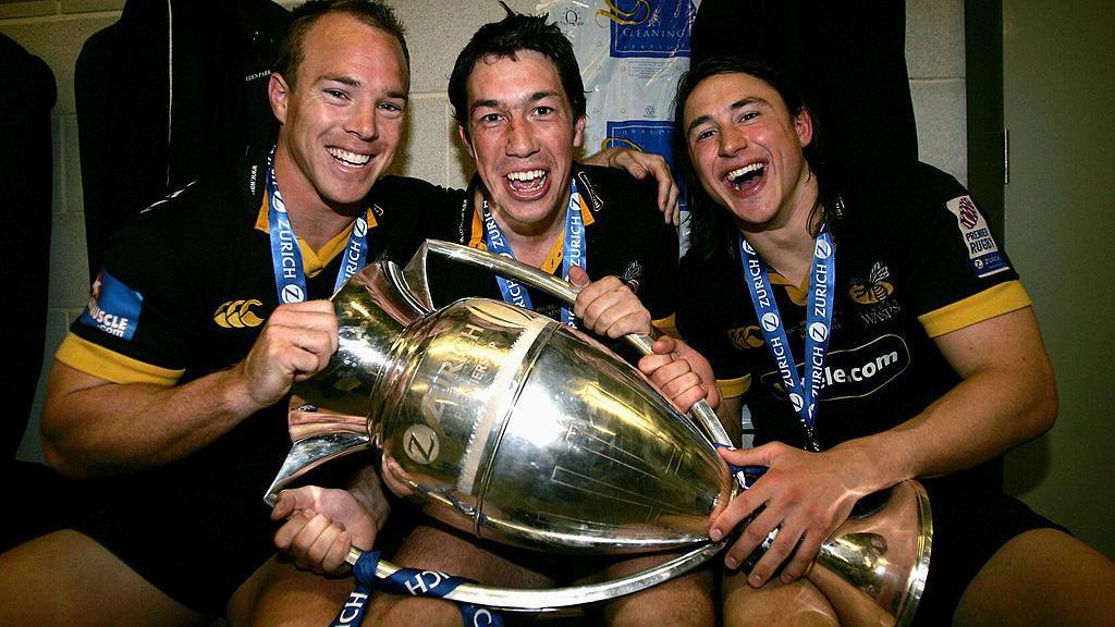 Tom Voyce celebrates Wasps' 2005 Premiership final win with team-mates Mark Van Gisbergen (left) and Rob Hoadley (right)