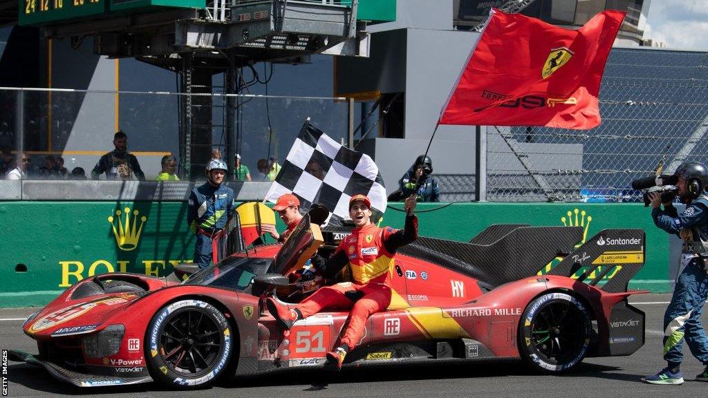 James Calado and Antonion Giovinzzai celebrate winning Le Mans for Ferrari