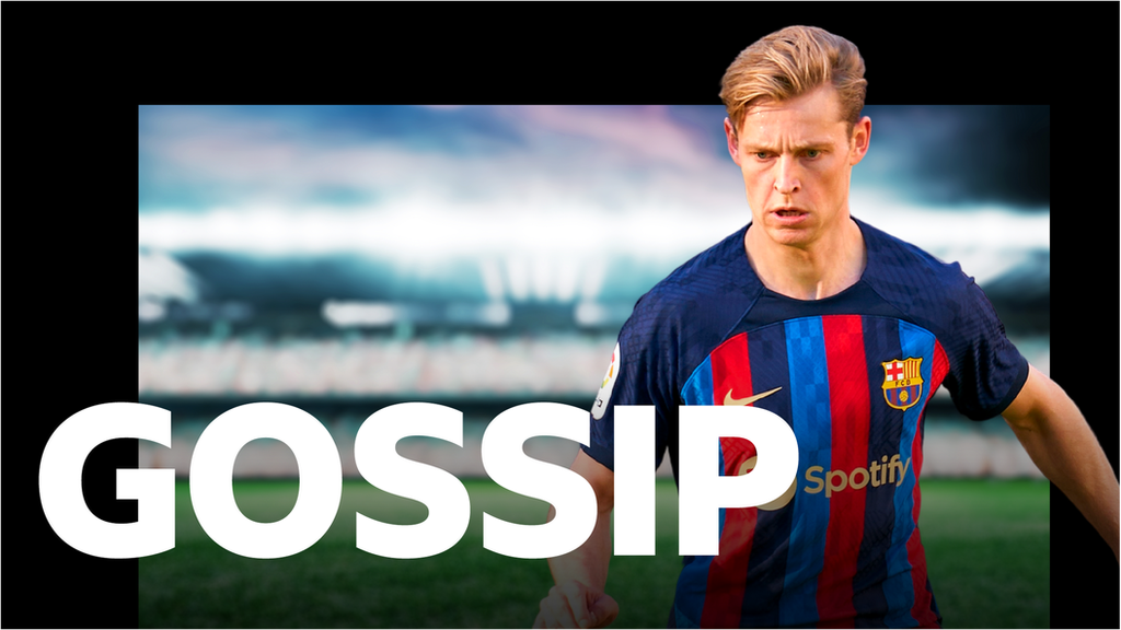 A picture of Frenkie de Jong on a graphic with the word 'gossip'