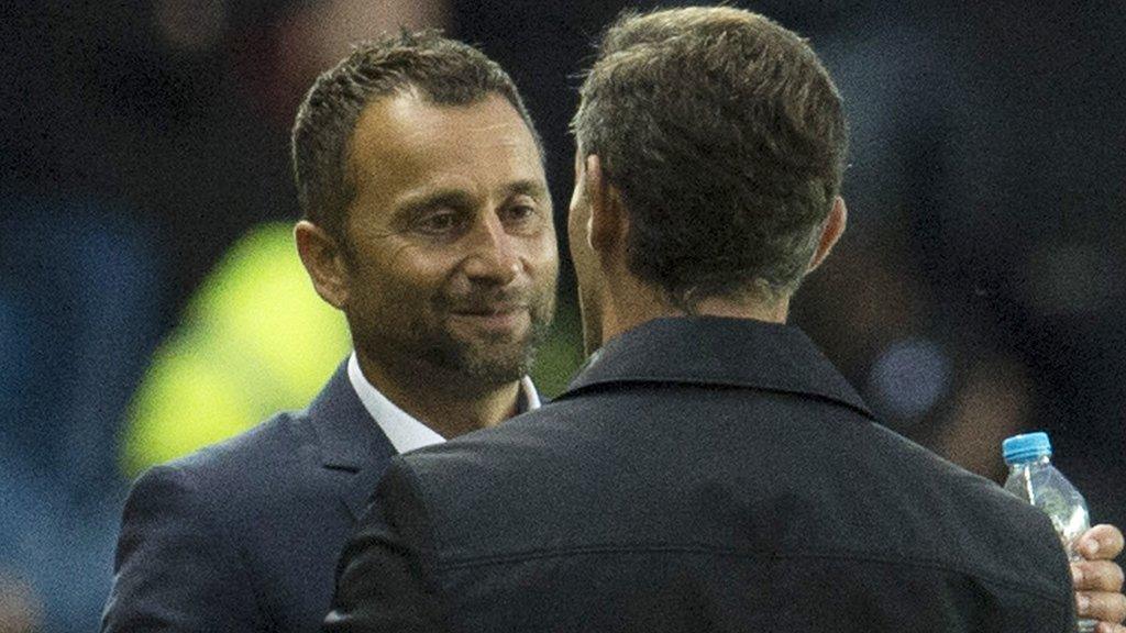 Progres Niederkorn coach Paolo Amodio with Rangers counterpart Pedro Caixinha