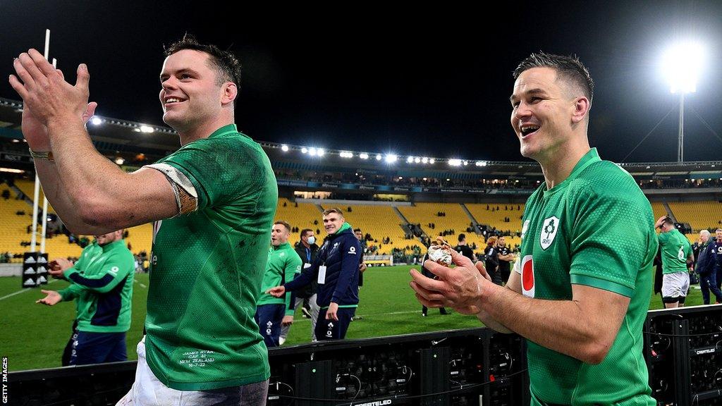 James Ryan and Johnny Sexton pictured after Ireland's Test series win in New Zealand