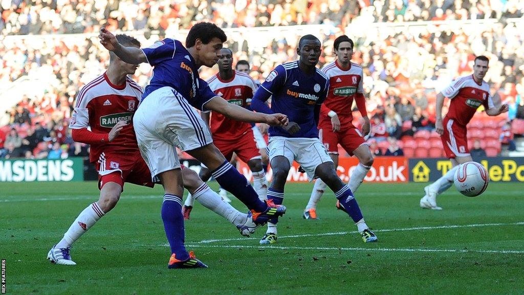 Mason Bennett takes a shot for Derby on his debut for the club at the age of 15