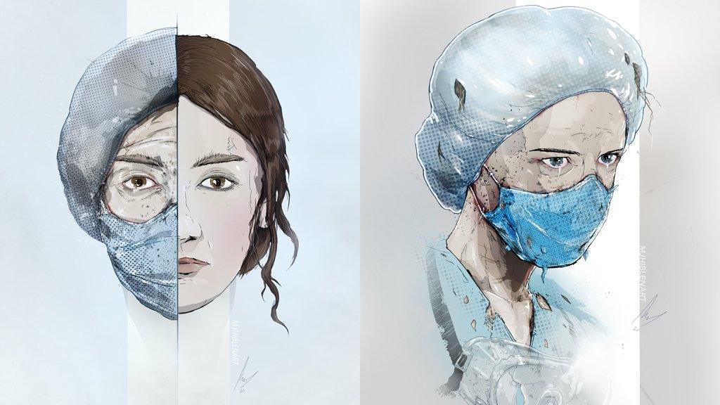 Two illustrations of female health workers looking exhausted but resolute. Both have visible marks where their PPE bruised their faces