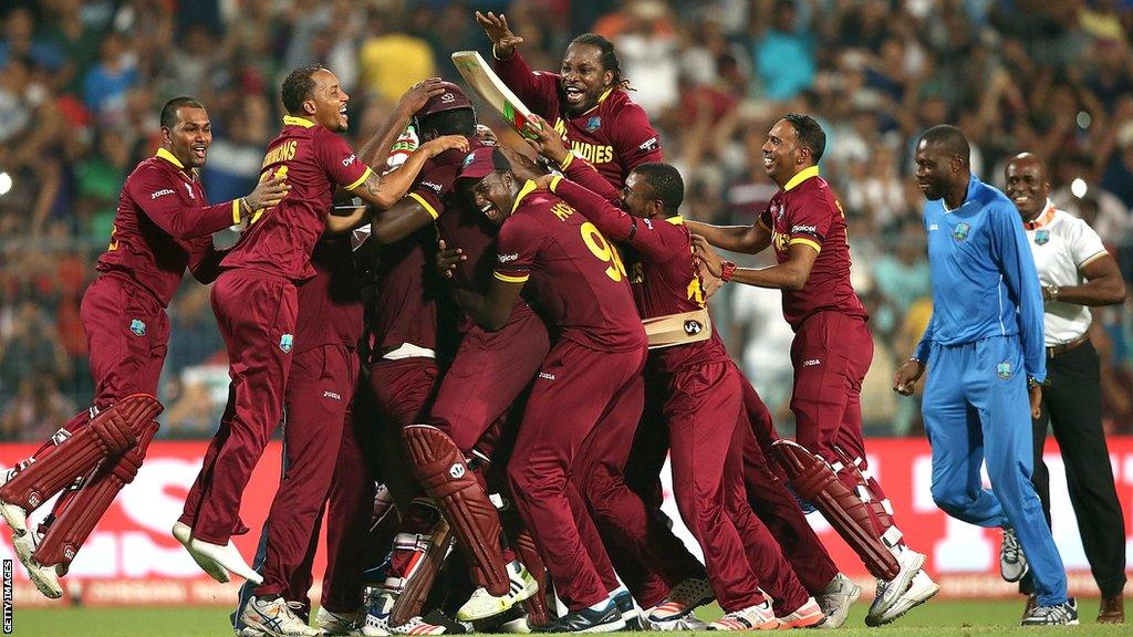 West Indies team celebrate beating England in the 2016 T20 World Cup final