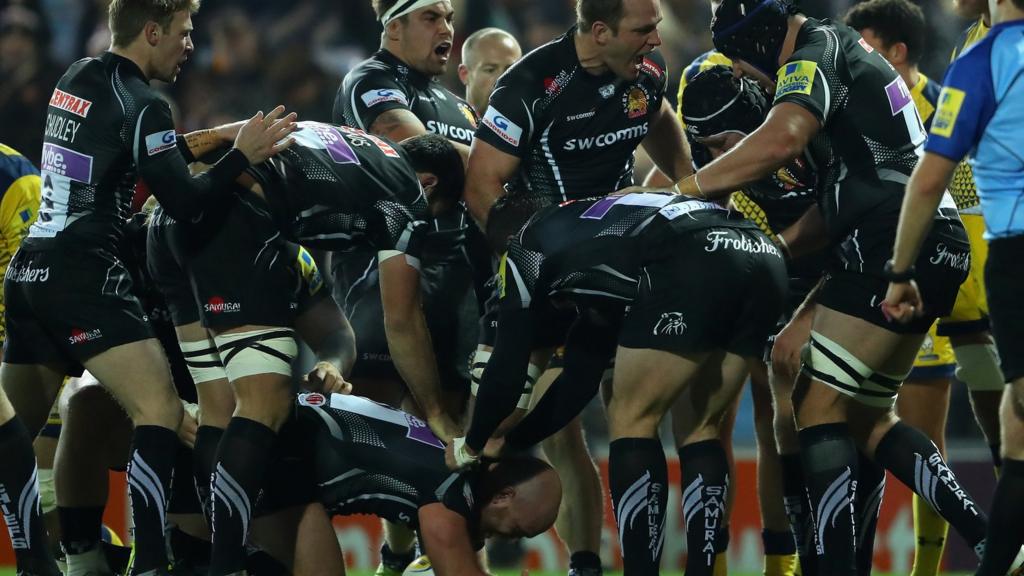 Exeter celebrate Jack Yeandle's try