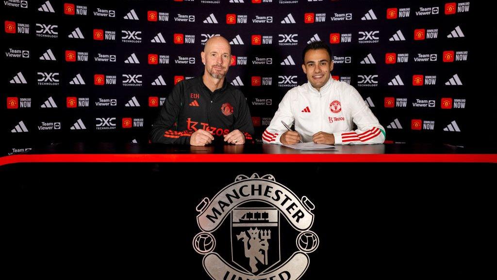 Sergio Reguilon alongside manager Erik ten Hag after signing for Manchester United.