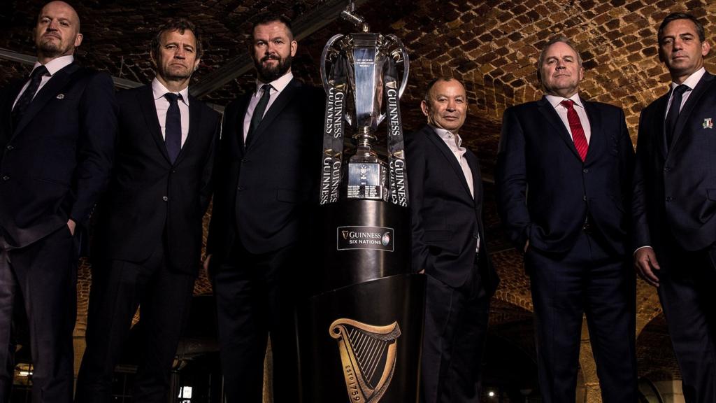 Pictured (L-R) Scotland head coach Gregor Townsend, France head coach Fabien Galthie, Ireland head coach Andy Farrell, England head coach Eddie Jones, Wales head coach Wayne Pivac and Italy head coach Franco Smith