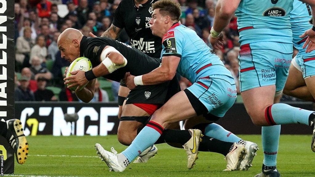 Toulon's Sergio Parisse celebrates scoring their second try during the ECPR Challenge Cup final at the Aviva Stadium in Dublin, Ireland