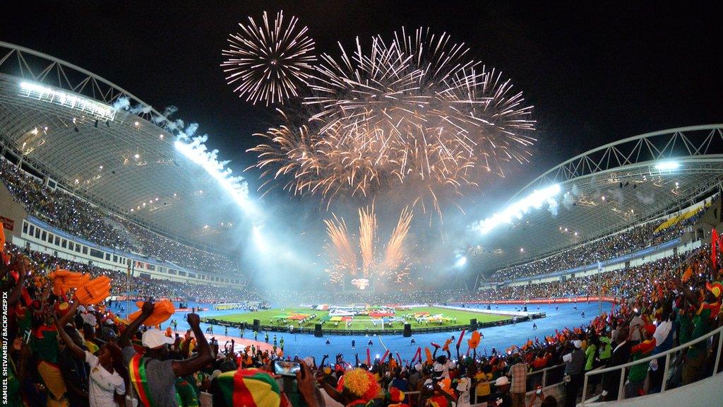 Fireworks are set off at the closing ceremony of the 2017 Africa Cup of Nations