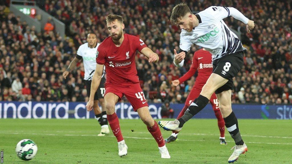 Max Bird in action for Derby County against Liverpool at Anfield in the Carabao Cup