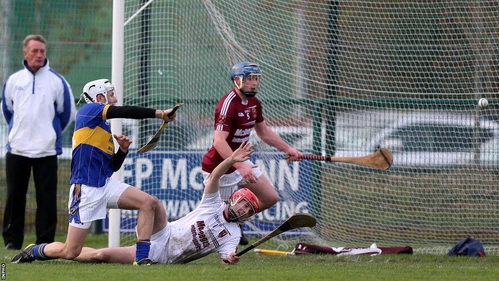 Portaferry's Eoghan Sands scores a goal in the Ulster Senior Hurling Club Final in 2014.