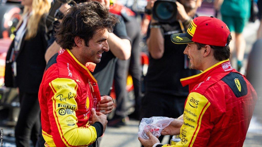 Carlos Sainz and Charles Leclerc talk to each other after Italian Grand Prix qualifying