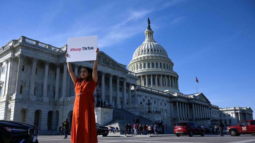 Giovanna Gonzalez of Chicago demonstrates outside the U.S. Capitol following a press conference by TikTok creators to voice their opposition to the “Protecting Americans from Foreign Adversary Controlled Applications Act," pending crackdown legislation on TikTok in the House of Representatives, on Capitol Hill in Washington, U.S., March 12, 2024