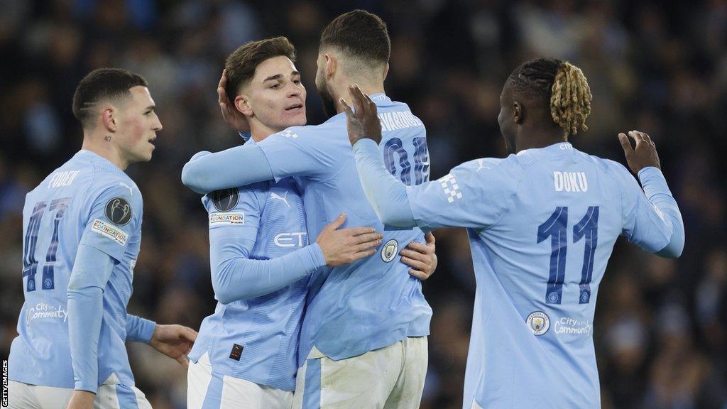 Manchester City's Julian Alvarez celebrates scoring the winner against RB Leipzig in the Champions League group stage game at Etihad Stadium