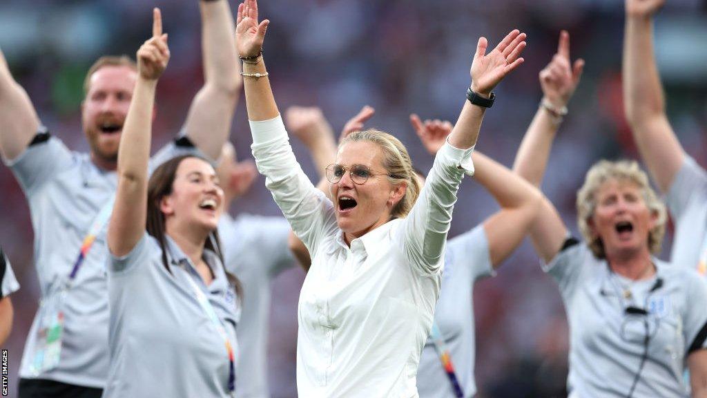 Sarina Wiegman celebrates after an England victory