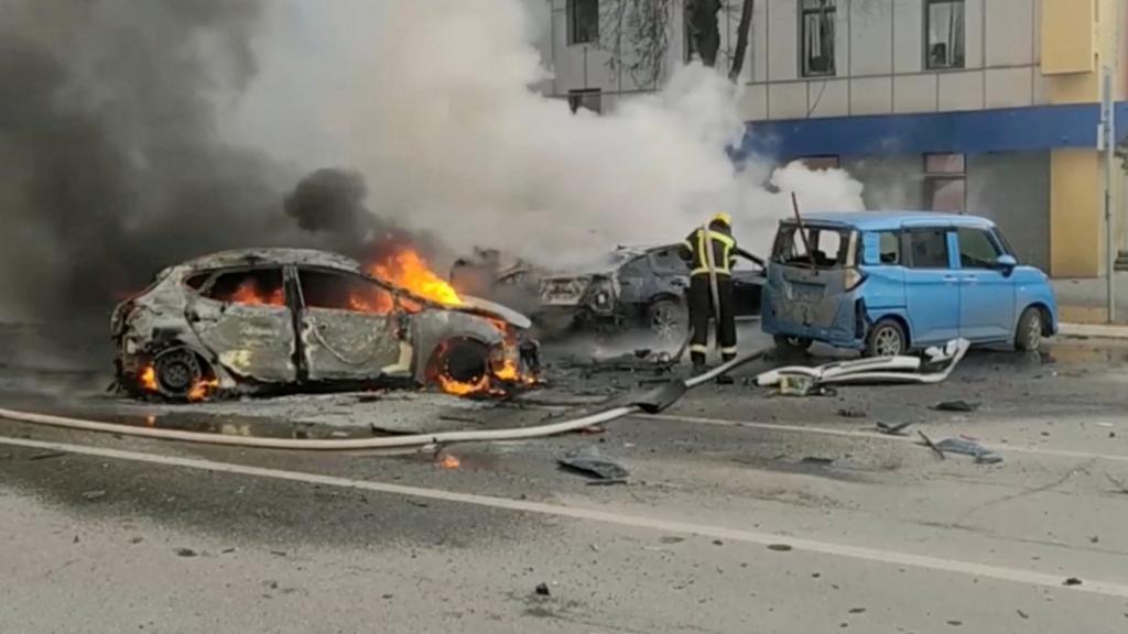 Firefighters extinguish a burning car in Belgorod