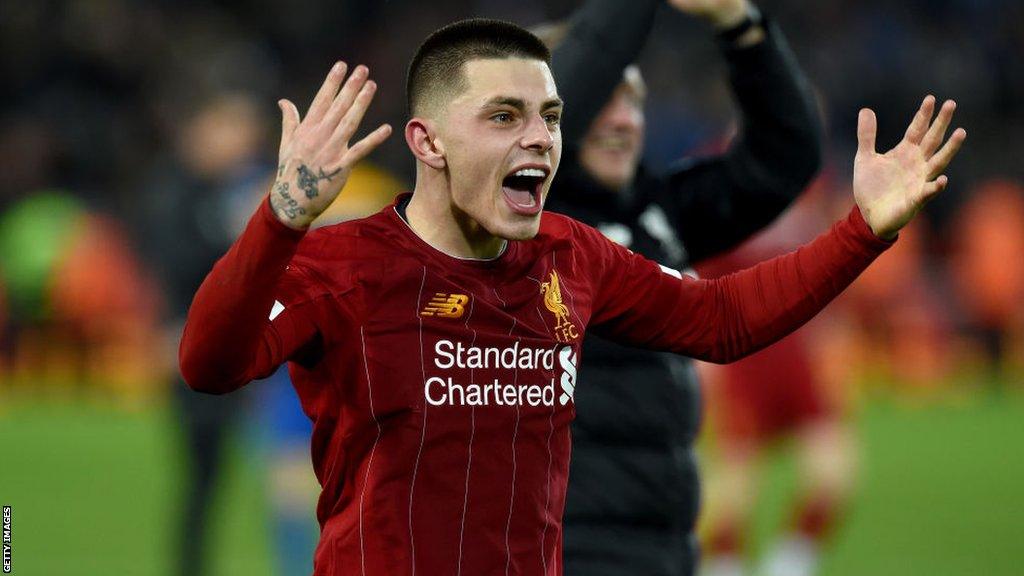 Adam Lewis celebrates Liverpool's FA Cup replay win over Shrewsbury Town in February 2020