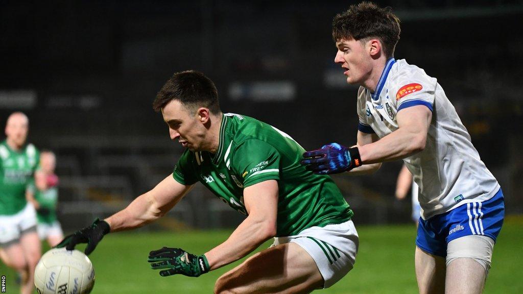 Monaghan's Stephen O'Hanlon challenges Fermanagh's Garvan Jones at Brewster Park