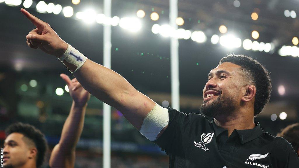 Ardie Savea celebrates towards the All Blacks fans