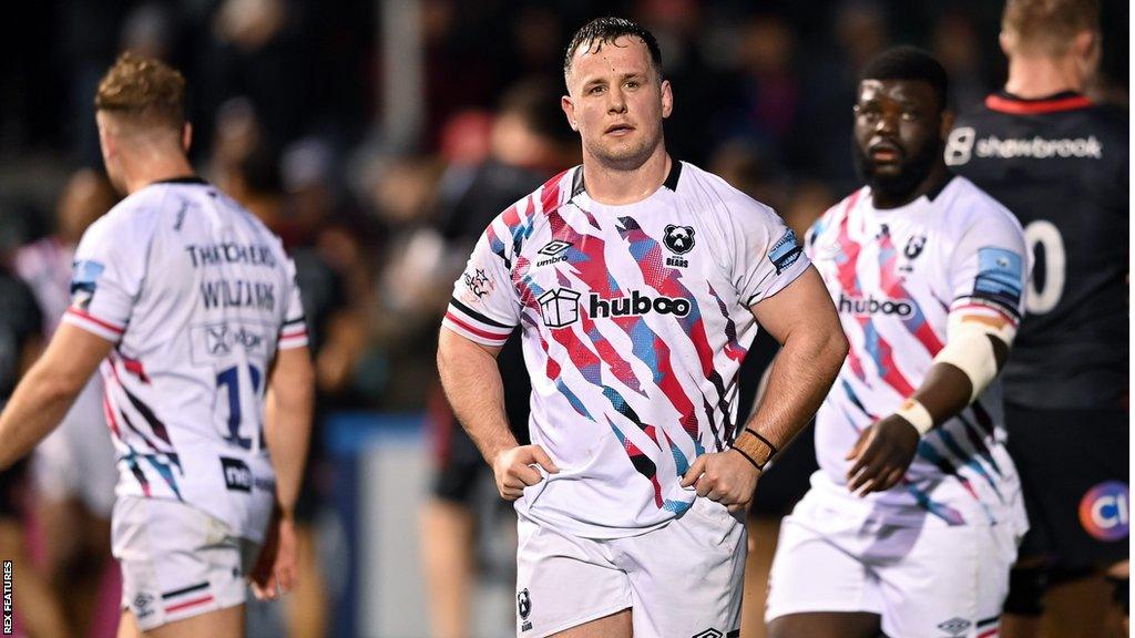 Bristol's Brian Byrne puts his hands on his hips as the players look on after the final whistle against Saracens in January 2022