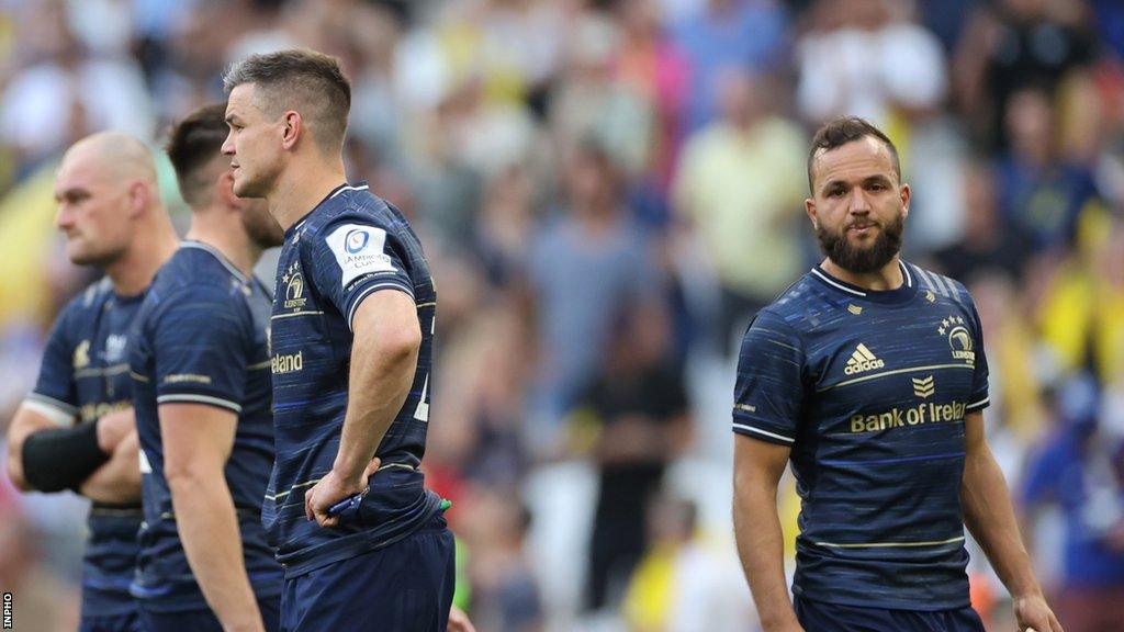 Johnny Sexton and Jamison Gibson-Park look dejected at the end of the 2022 Heineken Champions Cup final