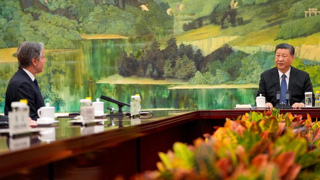US Secretary of State Antony Blinken talks with Chinese President Xi Jinping at the Great Hall of the People, in Beijing, China, on 26 April 2024