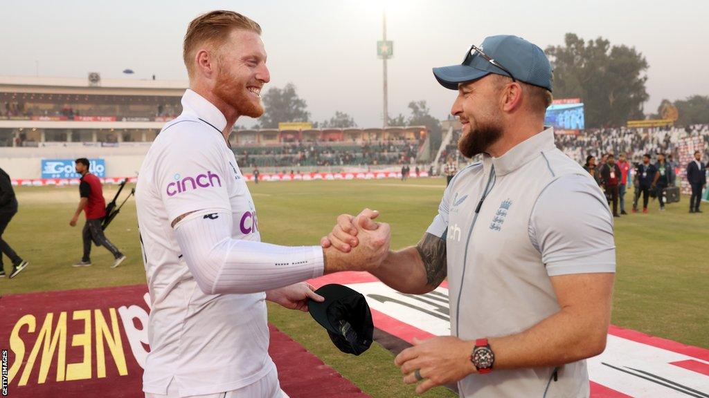 Ben Stokes (left) and Brendon McCullum (right) shaking hands after the first Test against Pakistan in Rawalpindi