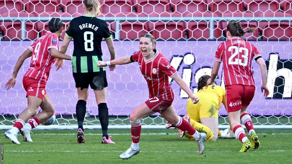 Amalie Thestrup of Bristol City celebrates scoring a goal against Brighton