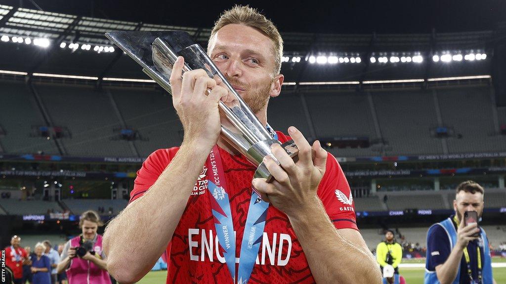 England captain Jos Buttler celebrates winning the T20 World Cup