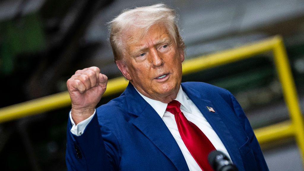 Former US President Donald Trump during a campaign event at Precision Components Group in York, Pennsylvania, US, on Monday, Aug. 19, 2024.