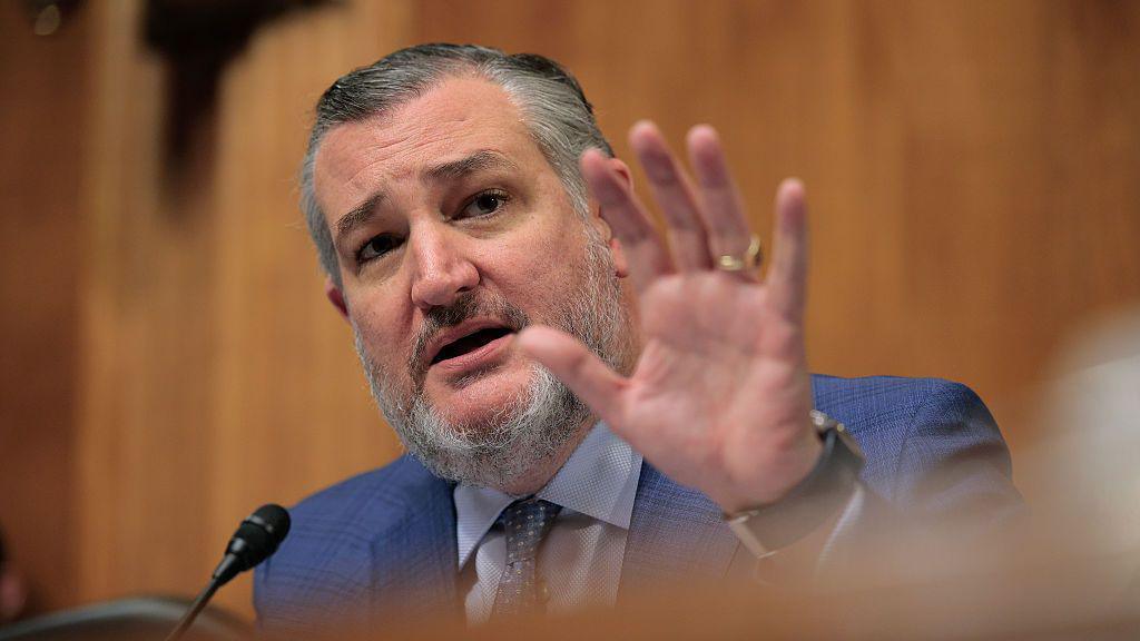 US Senator Ted Cruz raises his left hand in front of him as he's seated behind a small microphone while speaking. He wears a blue suit and light blue shirt and tie.