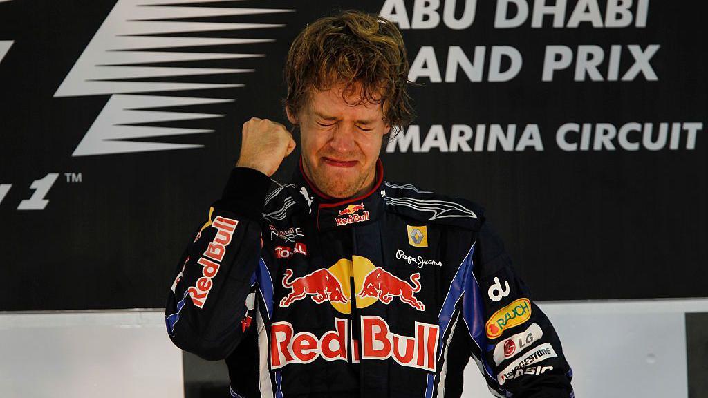 Sebastian Vettel celebrating is first championship at the Abu Dhabi Grand Prix in 2010
