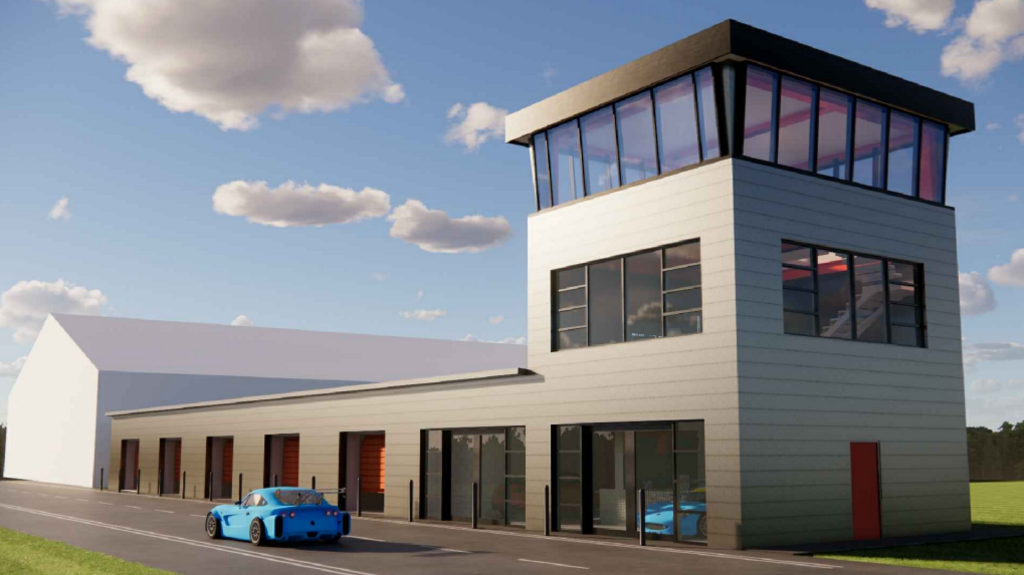 An artist impression of the proposed garages and control town at Blyton Park in Lincolnshire. The image features a large tower topped by a panoramic glass viewing area.