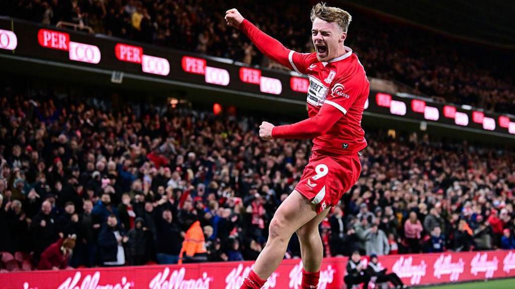 Tommy Conway celebrating scoring for Middlesbrough against QPR