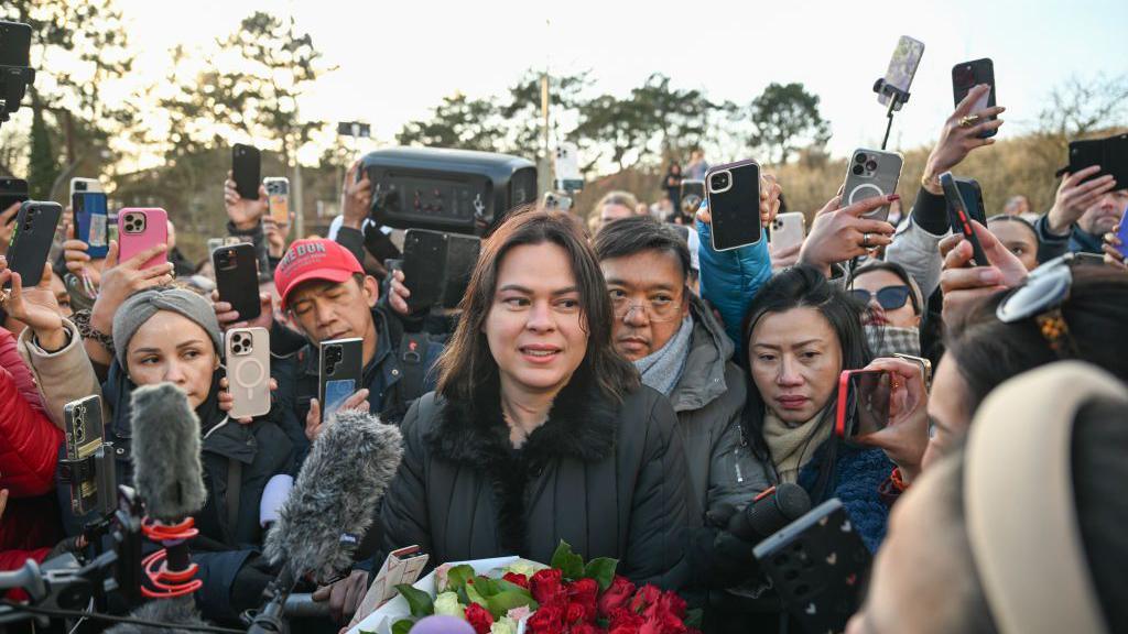 Vice-president of Philippines Sara Duterte speaks as large crowds gather outside the International Criminal Court (ICC) on the day of her father's hearing in the Hague, Netherlands on March 14, 2025.