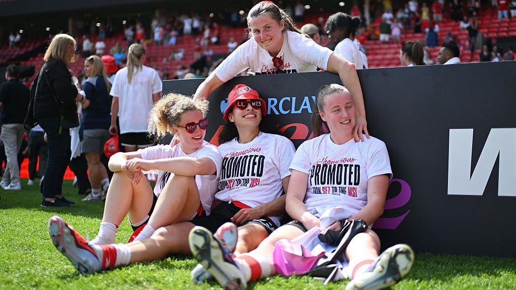 Mia Ross and Charlton team-mates celebrate promotion 