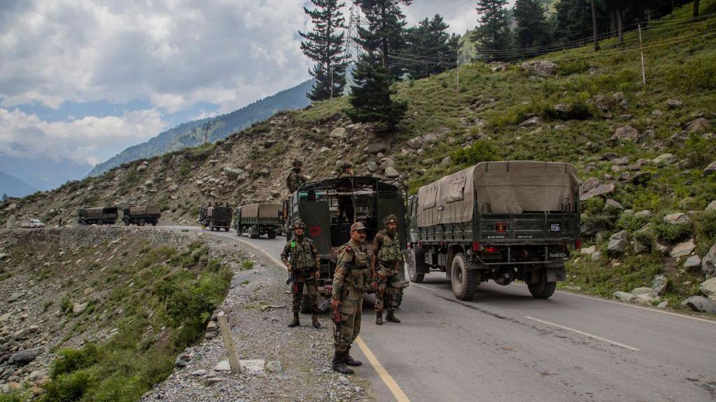 Indian army convoy carrying reinforcements and supplies, drive towards Leh, on a highway bordering China, on September 2, 2020 in Gagangir, India