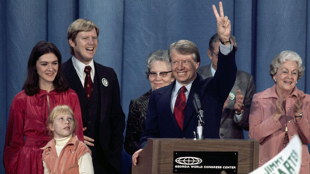 jimmy carter with family at speech following election win in 1976