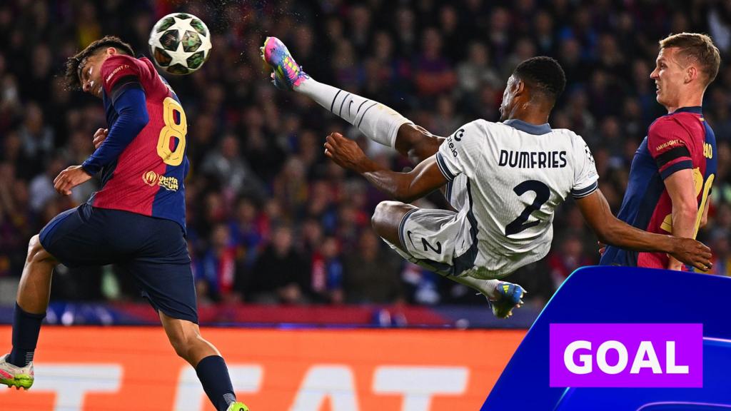 Dumfries' 'brilliant' acrobatic strike gives Inter dream start in Barcelona