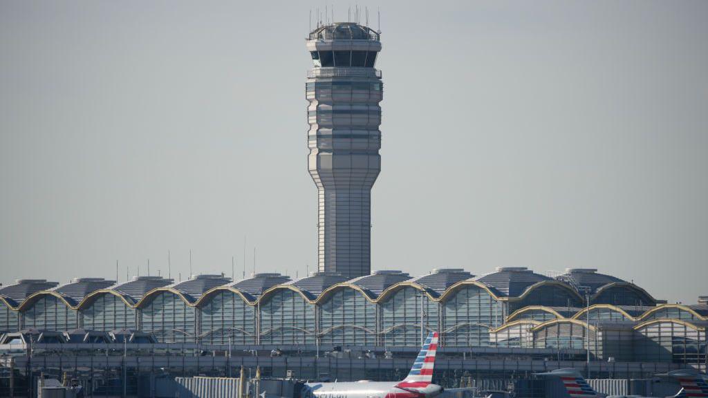 An air traffic control tower at Ronald Reagan Washington National Airport