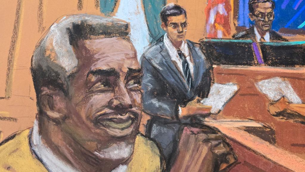 Sean "Diddy" Combs reacts as the courtroom deputy reads verdicts before U.S. District Judge Arun Subramanian 