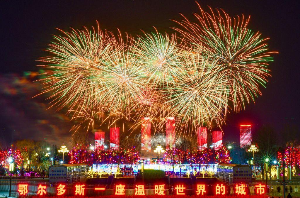 Firework display during the Lantern Festival in Ordos, Inner Mongolia, China.