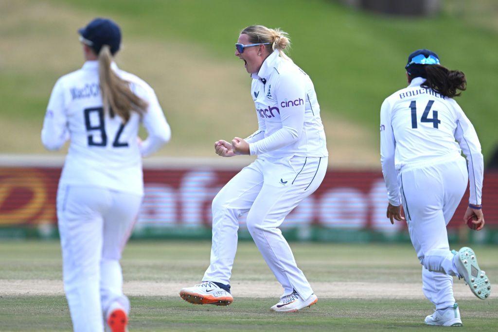 Sophie Ecclestone celebrates a wicket against South Africa