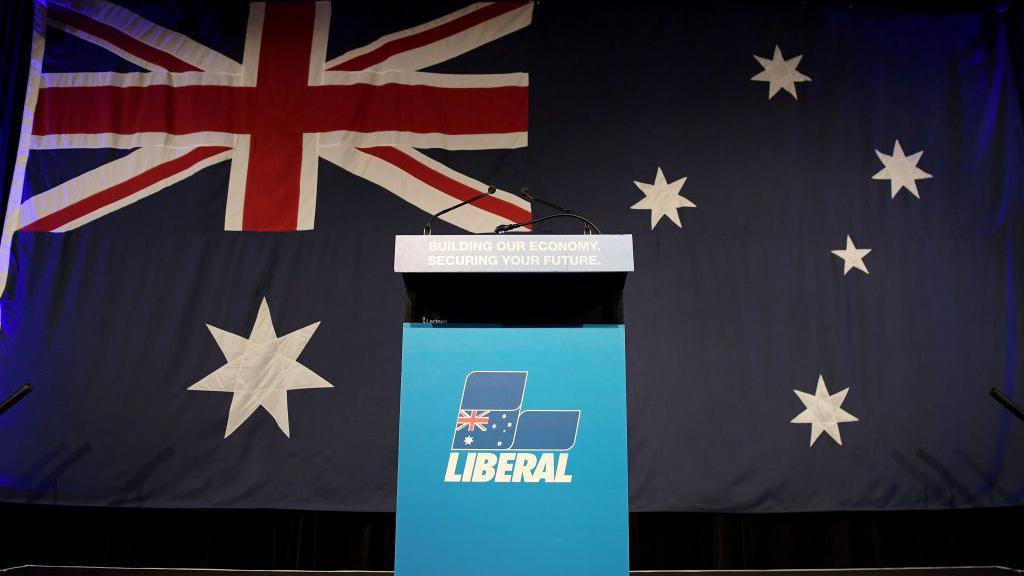 The stage is seen at the Liberal Party function ahead of the Australian Federal Election announcement at the Sofitel Sydney Wentworth on May 18, 2019 in Sydney.