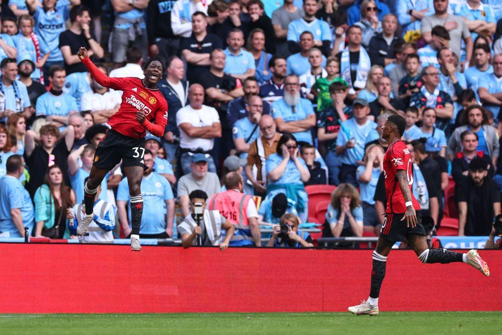 Kobbie Mainoo celebrates scoring for Manchester United in the FA Cup final